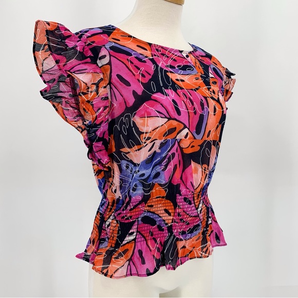 Tommy Hilfiger NWT Leaf Print Flutter Sleeve Smock Waist Blouse, XS - Picture 11 of 16